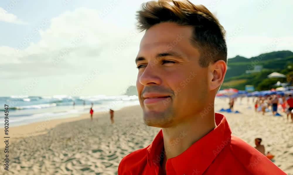 Portrait of a smiling young man in red shirt at the beach Portrait of a smiling young man in red shirt at the beach