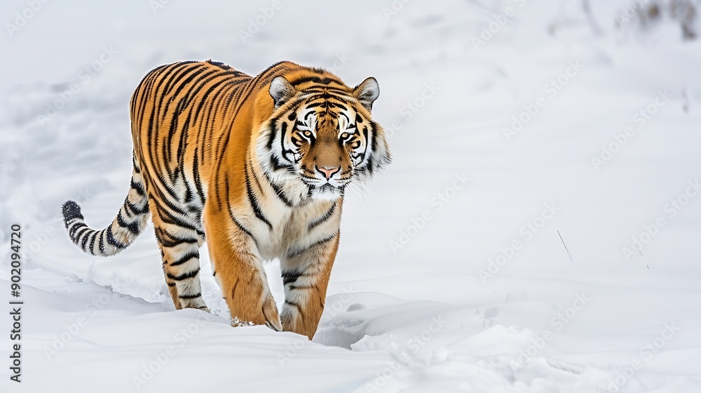 Obraz premium Careful amur tiger is walking on a white snow and looking away Siberian tiger Panthera tigris tigris Animals in wildlife : Generative AI