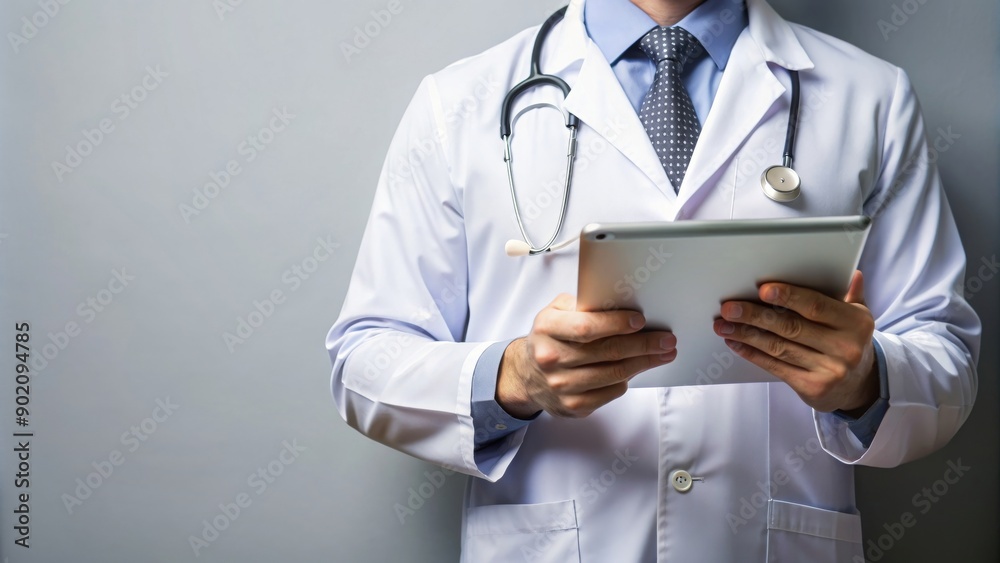 Doctor in white coat with stethoscope holding iPad, doctor, white coat, stethoscope, iPad, technology, healthcare Doctor in white coat with stethoscope holding iPad, doctor, white coat, stethoscope, iPad, technology, healthcare