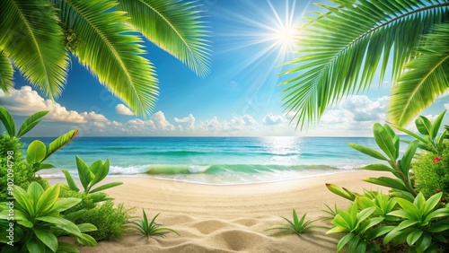 Vacation concept with beach. Holiday background with natural plant elements, beach, vacation, holiday, background, plant, tropical