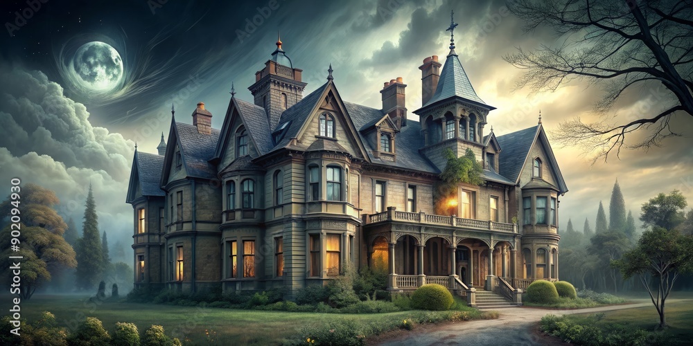 Obraz premium Victorian manor with haunting ghost story , Victorian, manor, haunted, ghost, tale, spooky, eerie, old