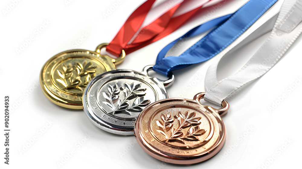 Gold, silver and bronze medals, sport athlete winners award with ribbons isolated on white Gold, silver and bronze medals, sport athlete winners award with ribbons isolated on white