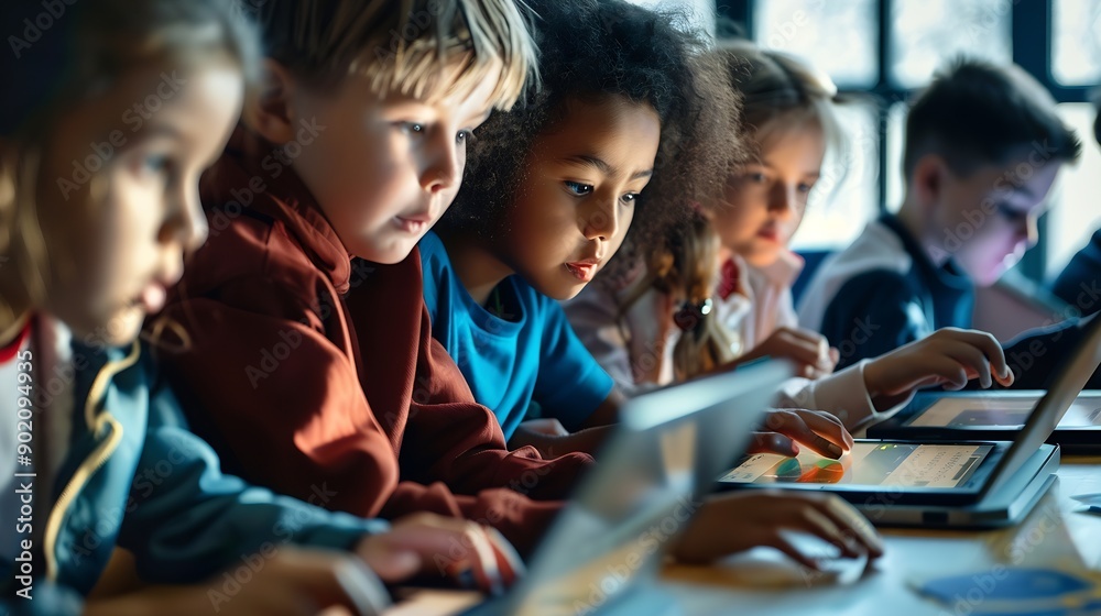 Group of TechSavvy Primary School Children Working on Their Laptop and ...