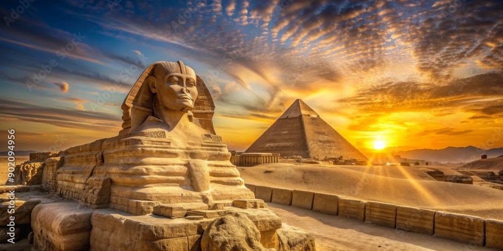 Sunrise casting a golden light on the iconic Great Sphinx statue in ...