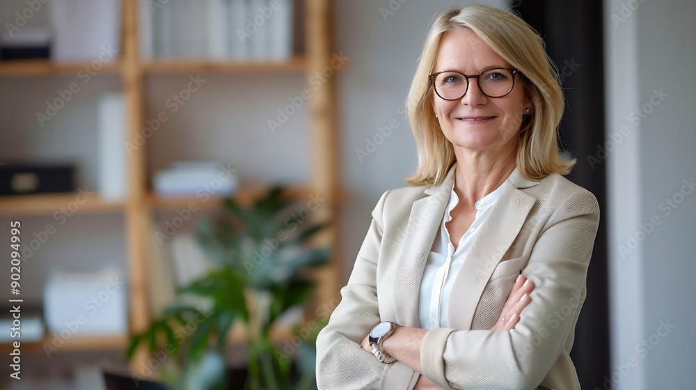 Confident smiling middle aged business woman attorney 45 years old lady entrepreneur mature female professional executive manager leader standing arms crossed in office looking at came : Generative AI Confident smiling middle aged business woman attorney 45 years old lady entrepreneur mature female professional executive manager leader standing arms crossed in office looking at came : Generative AI
