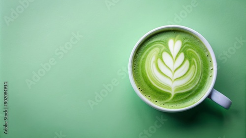 Green matcha latte on light green background, made with soy-free vegan milk and foam, top view , matcha, latte, drink, green