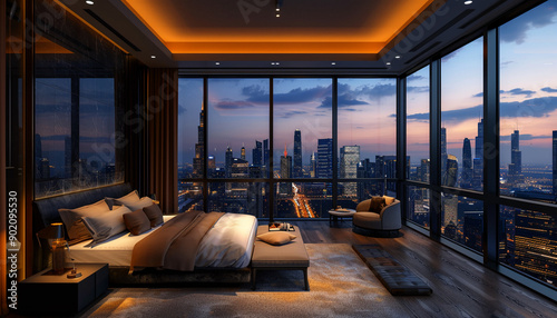 Sleek luxury hotel bedroom with panoramic views