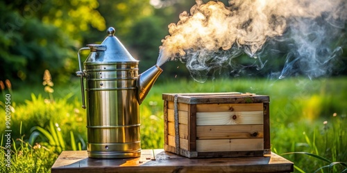 A honey extractor and smoke pot used by beekeepers during honey harvesting, beekeeping, equipment, extraction photo