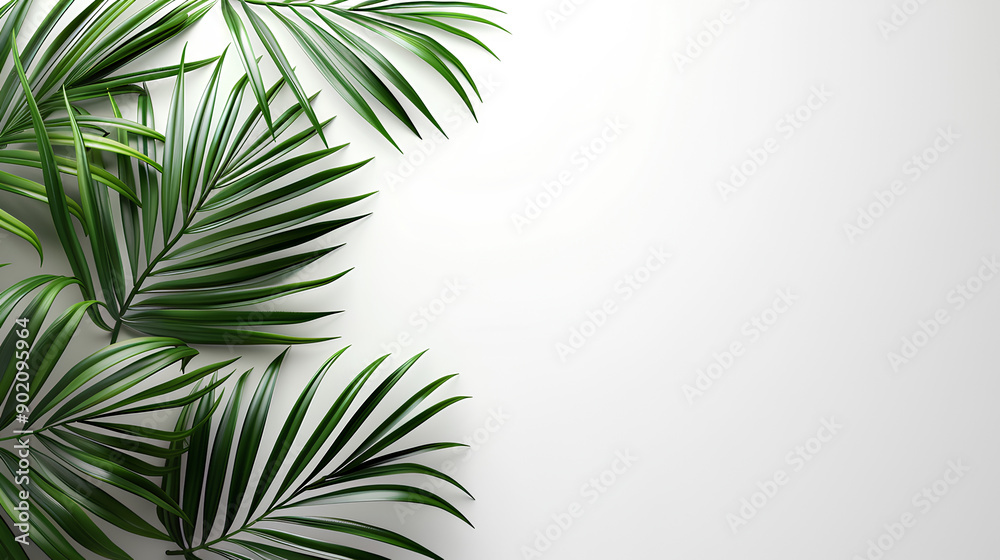Green palm leaves realistic corner layout on white background