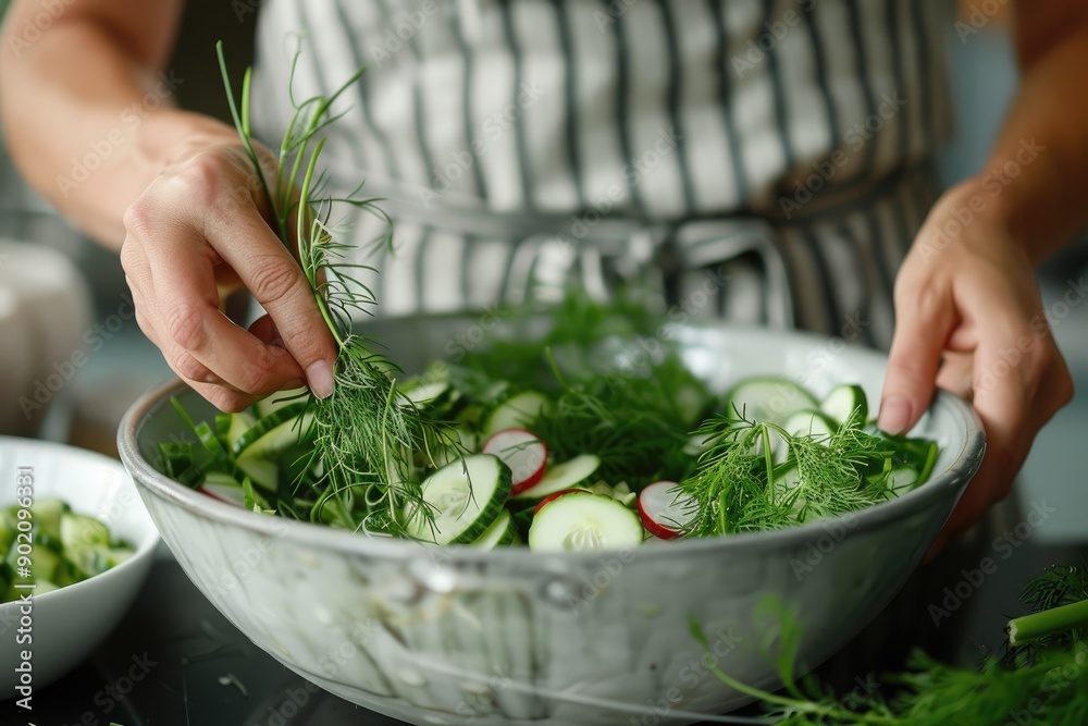 A woman is preparing a salad with cucumbers and radishes. She is adding dill to the bowl A woman is preparing a salad with cucumbers and radishes. She is adding dill to the bowl