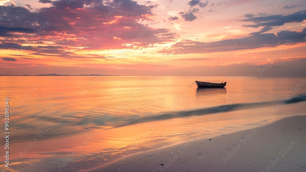 Beautiful scene of a boat by the shore with sunlight casting a warm glow. Perfect for themes of coastal serenity, nature, and relaxation