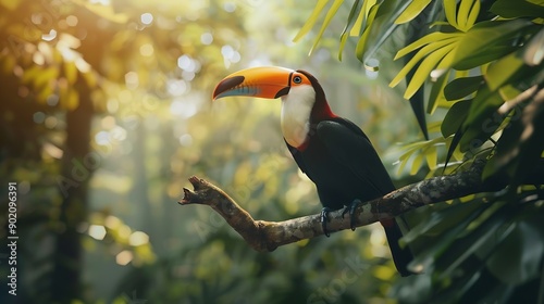 Toucan tropical bird sitting on a tree branch in natural wildlife environment in rainforest jungle : Generative AI