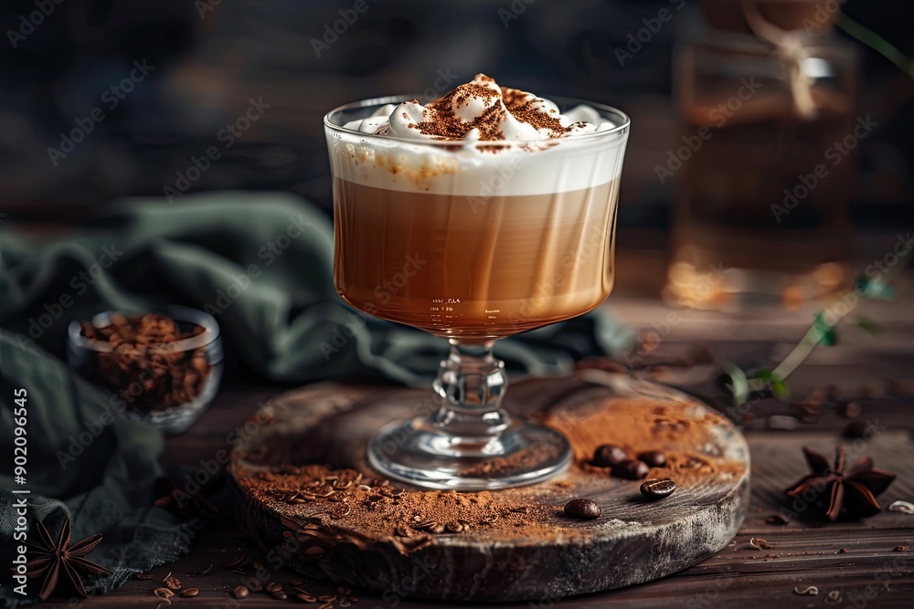 A glass of coffee with whipped cream on a wooden table. The coffee is topped with a sprinkle of cinnamon A glass of coffee with whipped cream on a wooden table. The coffee is topped with a sprinkle of cinnamon