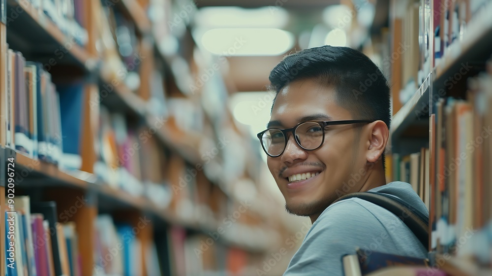 Student man and happy with portrait in library for writing scholarship and studying for exam knowledge Gen z person and smile for learning education and research notes for university a : Generative AI Student man and happy with portrait in library for writing scholarship and studying for exam knowledge Gen z person and smile for learning education and research notes for university a : Generative AI