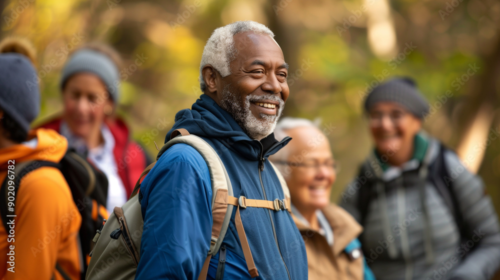 senior man smiling wearing a backpack 