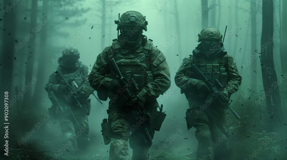Fototapeta premium Military squad advancing through misty forest. Heavily armed soldiers in combat gear, conveying tension and stealth in a green-tinted, atmospheric scene.