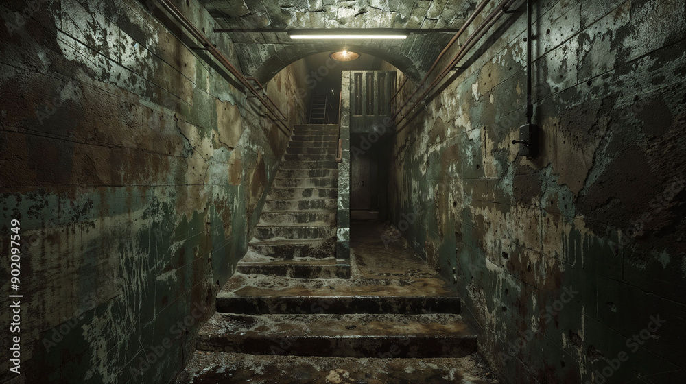 Grungy underground tunnel of a bunker with arched ceiling, with dimly lit staircase leading upwards. Peeling walls and exposed pipes of an abandoned industrial setting. Grungy underground tunnel of a bunker with arched ceiling, with dimly lit staircase leading upwards. Peeling walls and exposed pipes of an abandoned industrial setting.