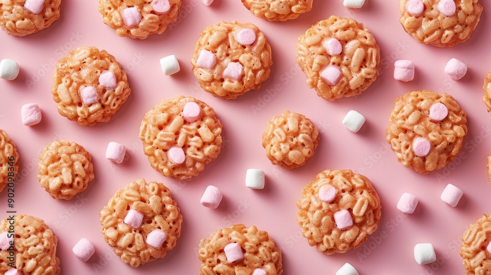 A close up of a pink background with a row of cookies with marshmallows on top. The cookies are all different sizes and shapes A close up of a pink background with a row of cookies with marshmallows on top. The cookies are all different sizes and shapes