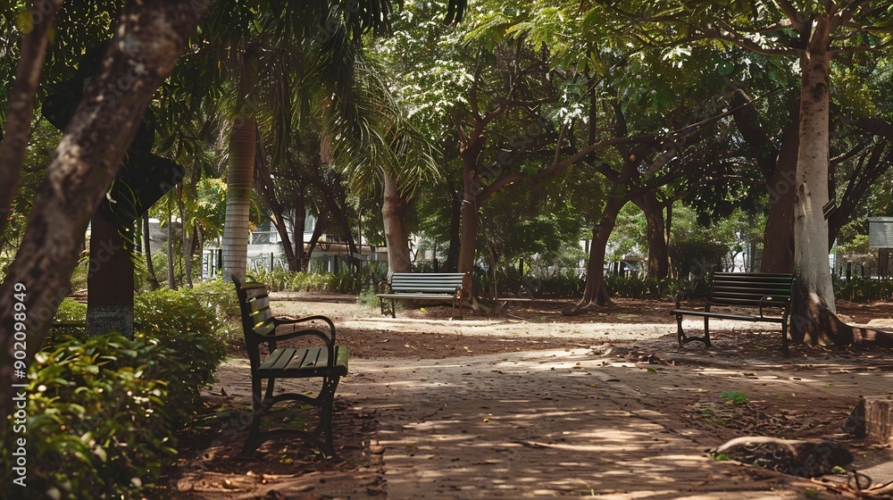 Park benches surrounded by trees : Generative AI Park benches surrounded by trees : Generative AI