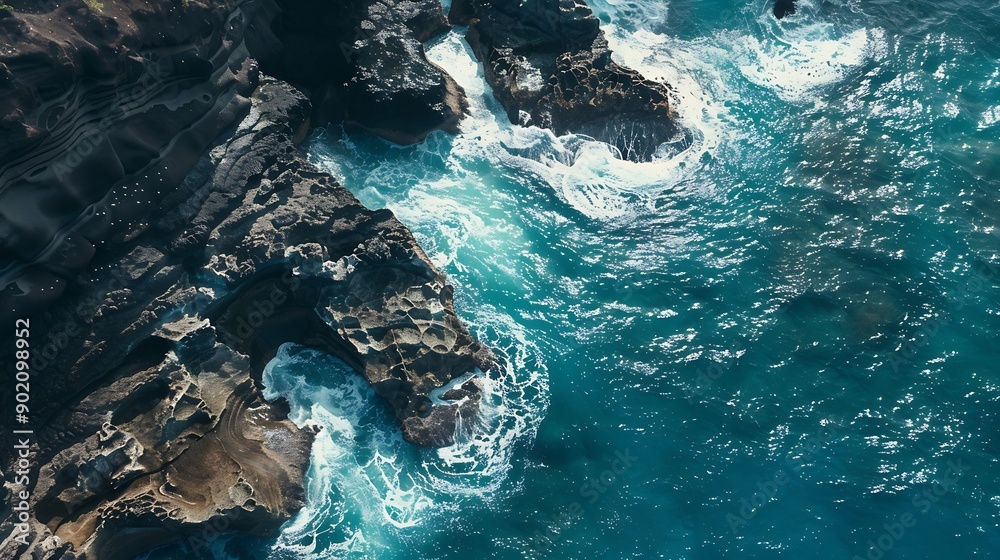 Aerial view of Moku Manu Seals waves rocks and cliffs by the ocean Hawaii United States : Generative AI