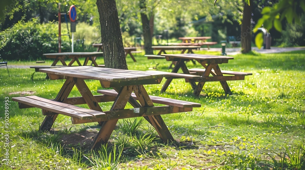 Park Picnic table bench rest relax outdoors Benches and tables on green grass in recreational area : Generative AI Park Picnic table bench rest relax outdoors Benches and tables on green grass in recreational area : Generative AI
