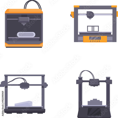 Illustration featuring various models of 3d printers, ideal for tech and manufacturing concepts