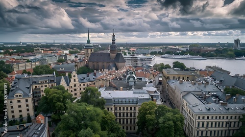 Aerial view of the Latvian academy of sciences in Riga in a summer cloudy day Latvia It was built between 1953 and 1956 dominates the skyline standing at 108m tall : Generative AI photo