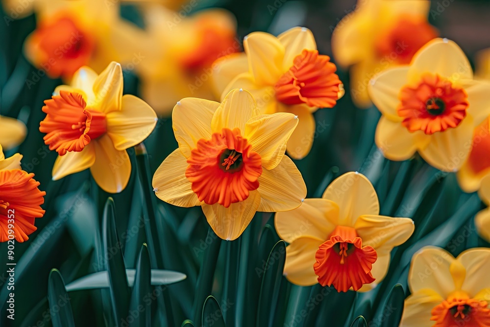 A bunch of yellow and orange flowers with red centers. The flowers are in a field and are surrounded by green grass A bunch of yellow and orange flowers with red centers. The flowers are in a field and are surrounded by green grass