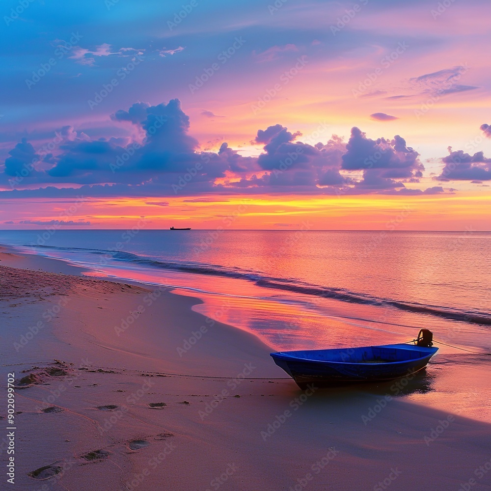 Beautiful scene of a boat by the shore with sunlight casting a warm glow. Perfect for themes of coastal serenity, nature, and relaxation Beautiful scene of a boat by the shore with sunlight casting a warm glow. Perfect for themes of coastal serenity, nature, and relaxation