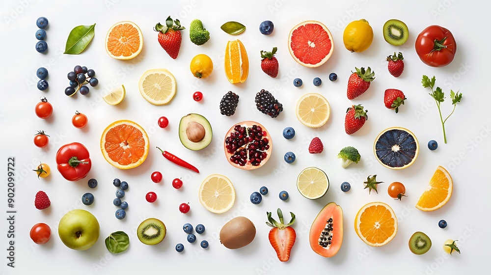 A Vibrant Medley of Fresh Fruits and Vegetables in a Mesmerizing Flat Lay A Vibrant Medley of Fresh Fruits and Vegetables in a Mesmerizing Flat Lay