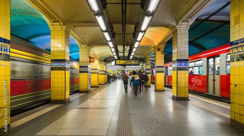 Metro station on eberswalder street old metal station construction Two trains just arriving at the station in motion blur Public transport in berlin many people and efficient rtranspor : Generative AI photo