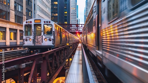 Train passing by over bridge of City of Chicago transport system Illinois USA : Generative AI photo