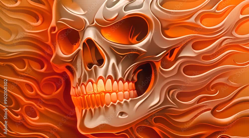 halloween scene, flames around skull of head, portrait