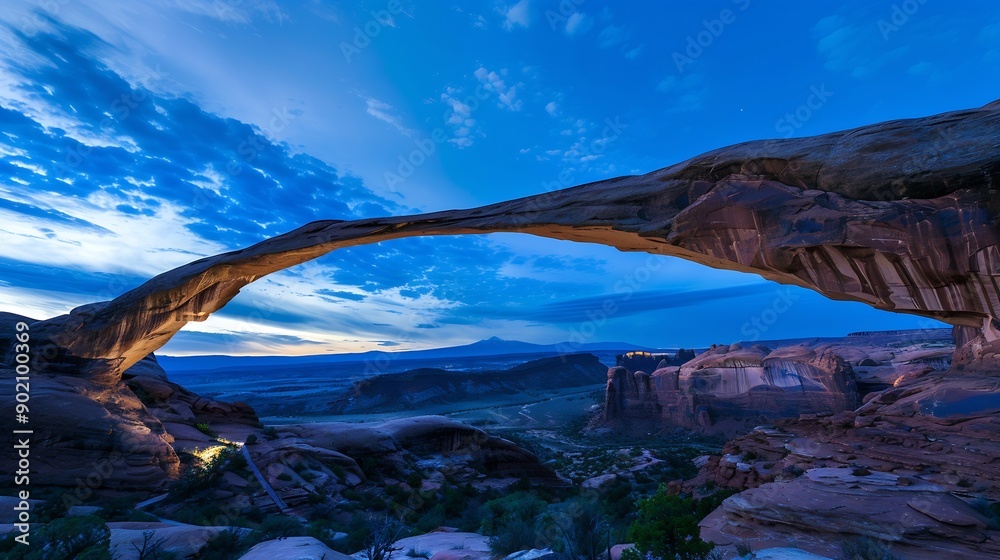 Fototapeta premium The Landscape Arch in Arches National Park near Moab Utah in blue hour : Generative AI