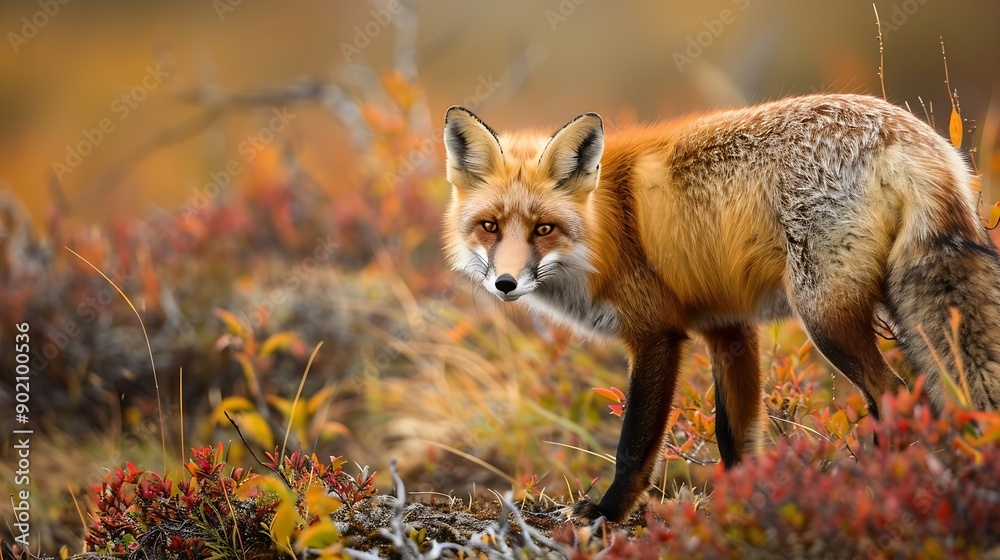 Red fox Vulpes vulpes in autumn tundra portrait Dempster Highway Yukon Territory Canada North America : Generative AI Red fox Vulpes vulpes in autumn tundra portrait Dempster Highway Yukon Territory Canada North America : Generative AI