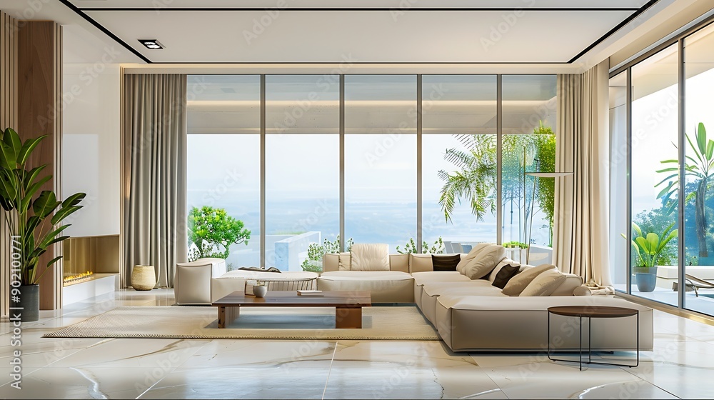 Interior of modern living room with sofas table and big window : Generative AI Interior of modern living room with sofas table and big window : Generative AI
