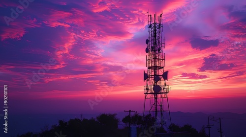 a tower with a cell phone on top of it at sunset