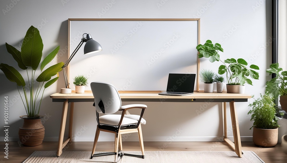 A desk with a laptop, a lamp, a whiteboard, a chair, and plants in the background. A desk with a laptop, a lamp, a whiteboard, a chair, and plants in the background.