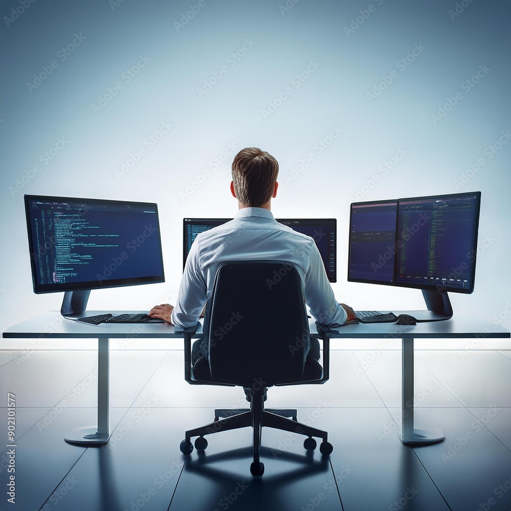 A man sitting in an office chair working on three computers. A man sitting in an office chair working on three computers.