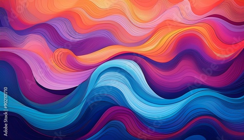 Abstract background with vibrant, layered waves in shades of blue, purple, orange, and pink.