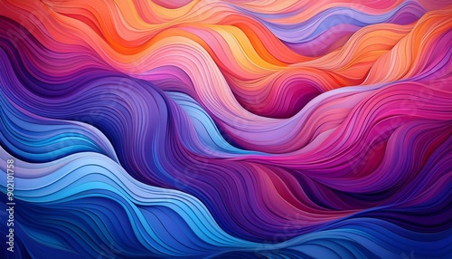 Abstract background with vibrant, layered waves in shades of blue, purple, orange, and pink.