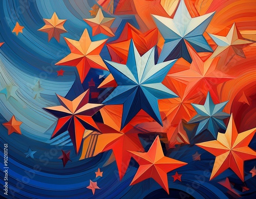 An abstract background of blue, orange, and red. There are several 7-point stars scattered around in various sizes.