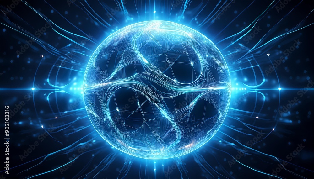 Fototapeta premium Electric blue abstract orb with dynamic energy tendrils, representing futuristic technology and scientific visualization.