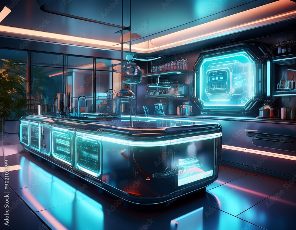 Futuristic kitchen with a glass floor, sleek metal fixtures, and a holographic fridge, Cyberpunk, 3D Rendering Futuristic kitchen with a glass floor, sleek metal fixtures, and a holographic fridge, Cyberpunk, 3D Rendering