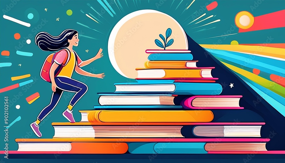 Illustration of a student climbing a stack of books, symbolizing growth and the power of education in a colorful and abstract design. Illustration of a student climbing a stack of books, symbolizing growth and the power of education in a colorful and abstract design.