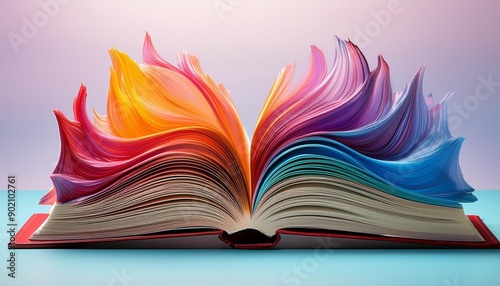 Open book displaying vibrant, abstract waves of color on a light background, representing creativity and artistic expression.