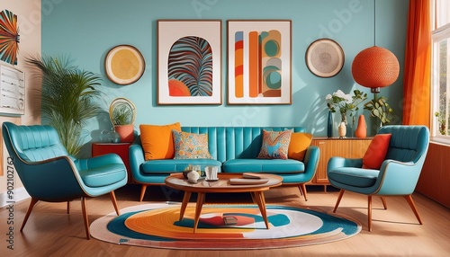 Retro living room with midcentury modern furniture, bright colors, and vintage decor, Retro, Digital Painting