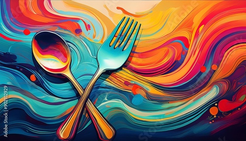 The image is an abstract painting of a fork and spoon with colorful waves in the background. The colors are bright and cheerful, and the painting has a modern feel.