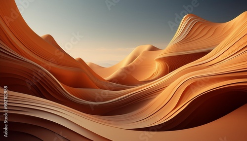 Stunning abstract 3D render of layered canyon landscapes with smooth curves, resembling desert rock formations under clear skies.