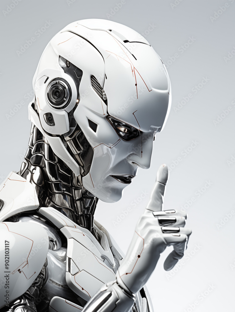 Humanoid Robot Pointing Finger and Thumb Raised, on White Background, Image for Creative Advertisements, Banners, and General Advertising Humanoid Robot Pointing Finger and Thumb Raised, on White Background, Image for Creative Advertisements, Banners, and General Advertising